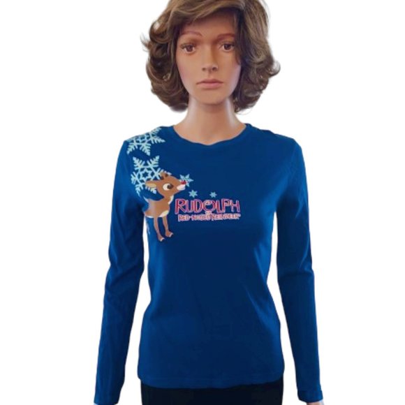 RUDOLPH THE RED-NOSED REINDEER ROYAL BLUE LONG SLEEVE T-SHIRT SIZE SMALL - Picture 1 of 4